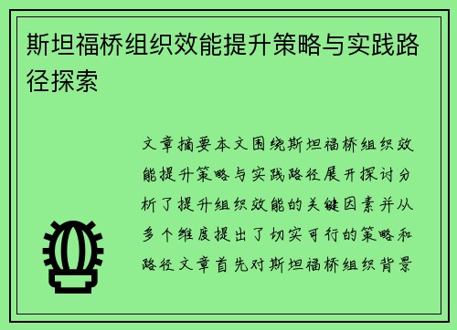 斯坦福桥组织效能提升策略与实践路径探索 斯坦福桥组织效能提升策略与实践路径探索