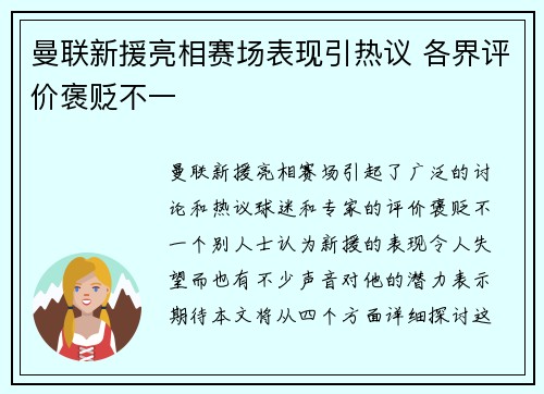 曼联新援亮相赛场表现引热议 各界评价褒贬不一 曼联新援亮相赛场表现引热议 各界评价褒贬不一